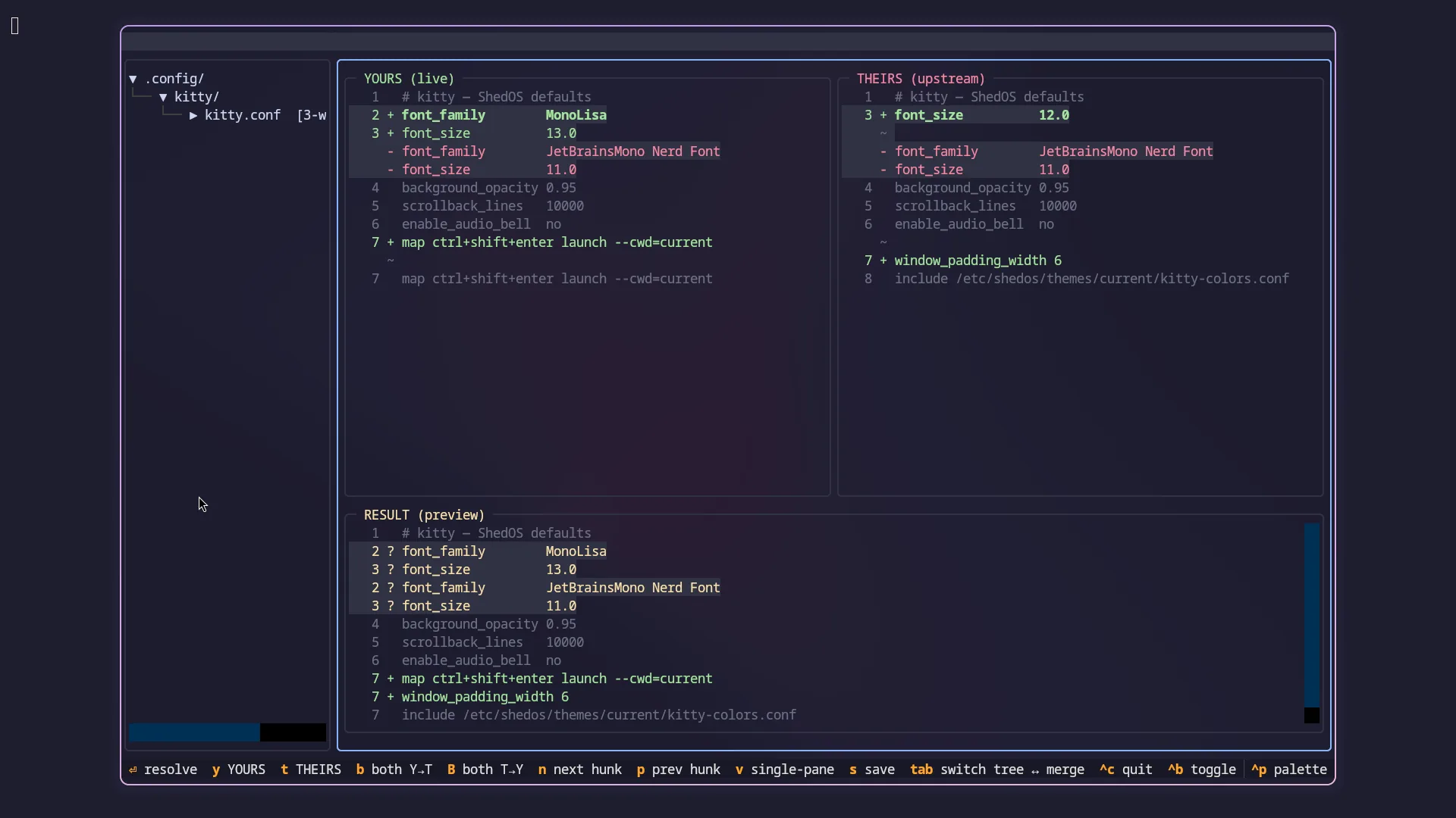 The shedman config review tool showing a three-way merge of a configuration file.