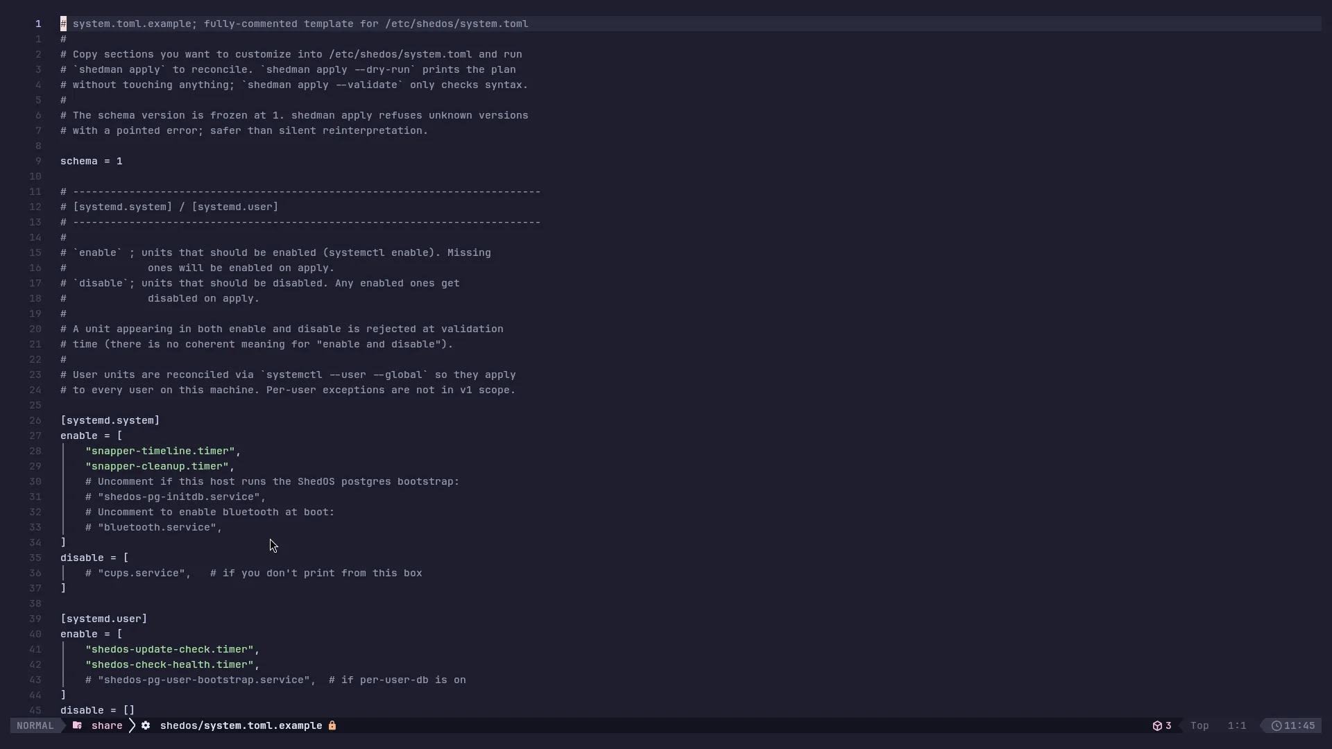 system.toml open in an editor, declaring system services and settings.